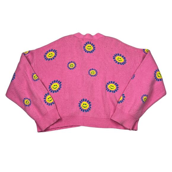 Forever 21 AOP Happy Face Floral V-Neck Cropped Cardigan Sweater FLAW Pink Large - Picture 2 of 6